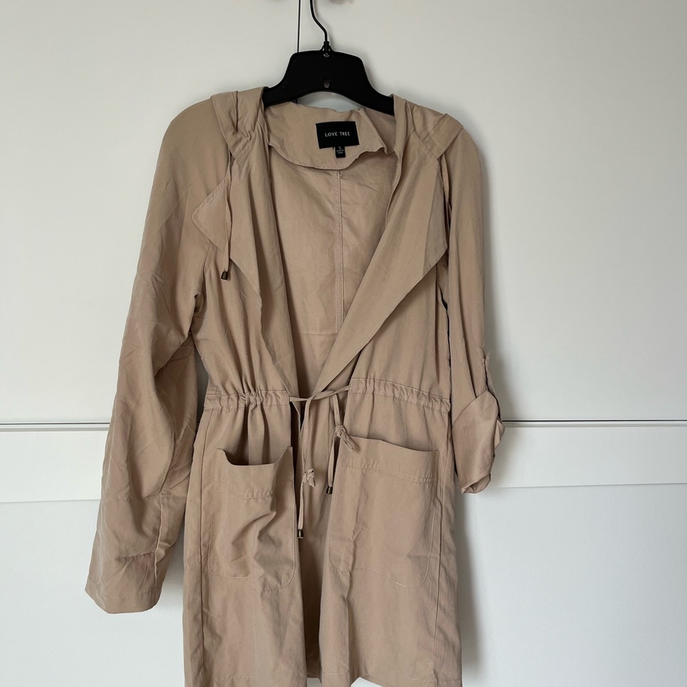 Love Tree Beige Lightweight Hooded Trench Coat with Drawstring Waist - Picture 3 of 5